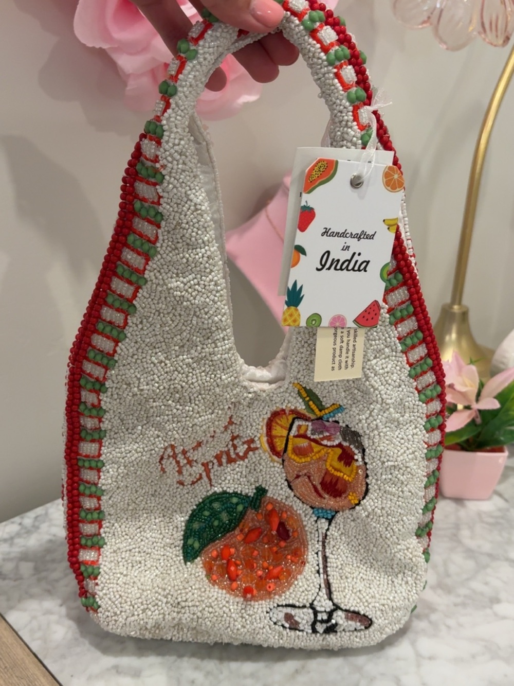 Handcrafted Beaded Fruit Cocktail Tote - White with Red & Green Trim